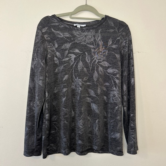 Chico's Tops - Chicos Long Sleeve Top Women L Dark Gray Metallic‎ Floral Print Crew Neck